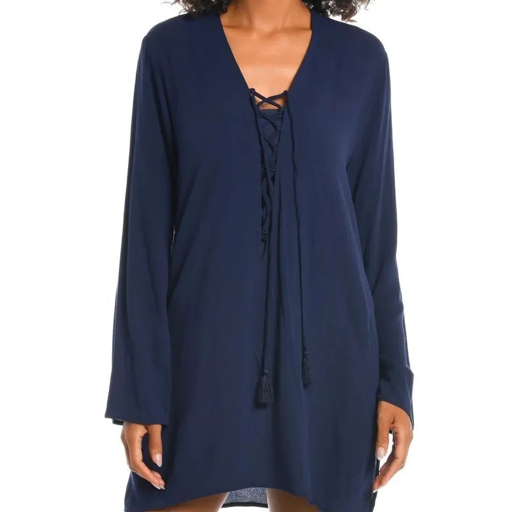 La Blanca Beachcomber Basics indigo Long Sleeve V-Neck Swim Coverup
